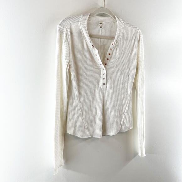 Free People One Of The Girls Long Sleeve Waffle Henley Top White Large - Picture 6 of 6